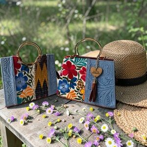 Floral Embroidered Handbag with Gold Handles